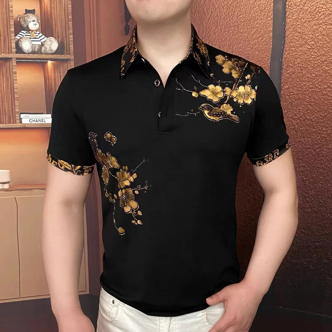 Men's Luxury Floral Embroidered Rhinestone Polo Shirt — Slim Fit Business Banquet Tee