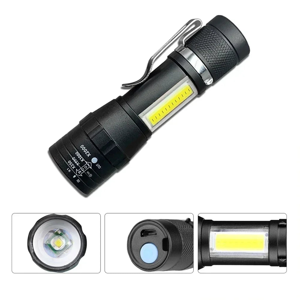 COB+XPE Mini Zoomable Flashlight – 350 Lumen, 3-Mode, USB Rechargeable, Pen Clip, Waterproof Camping Torch
