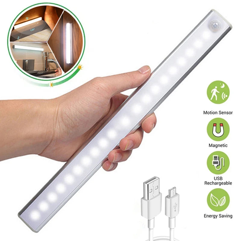 Motion Sensor LED Night Light Strip – USB Rechargeable, 3 Modes, Warm or Cool White for Cabinet, Wardrobe & Staircase