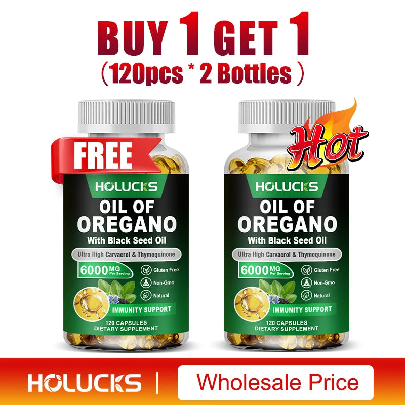 Oregano Oil & Black Seed Oil Softgels – Immune, Gut Health & Antioxidant Support, 60 or 120 Capsules