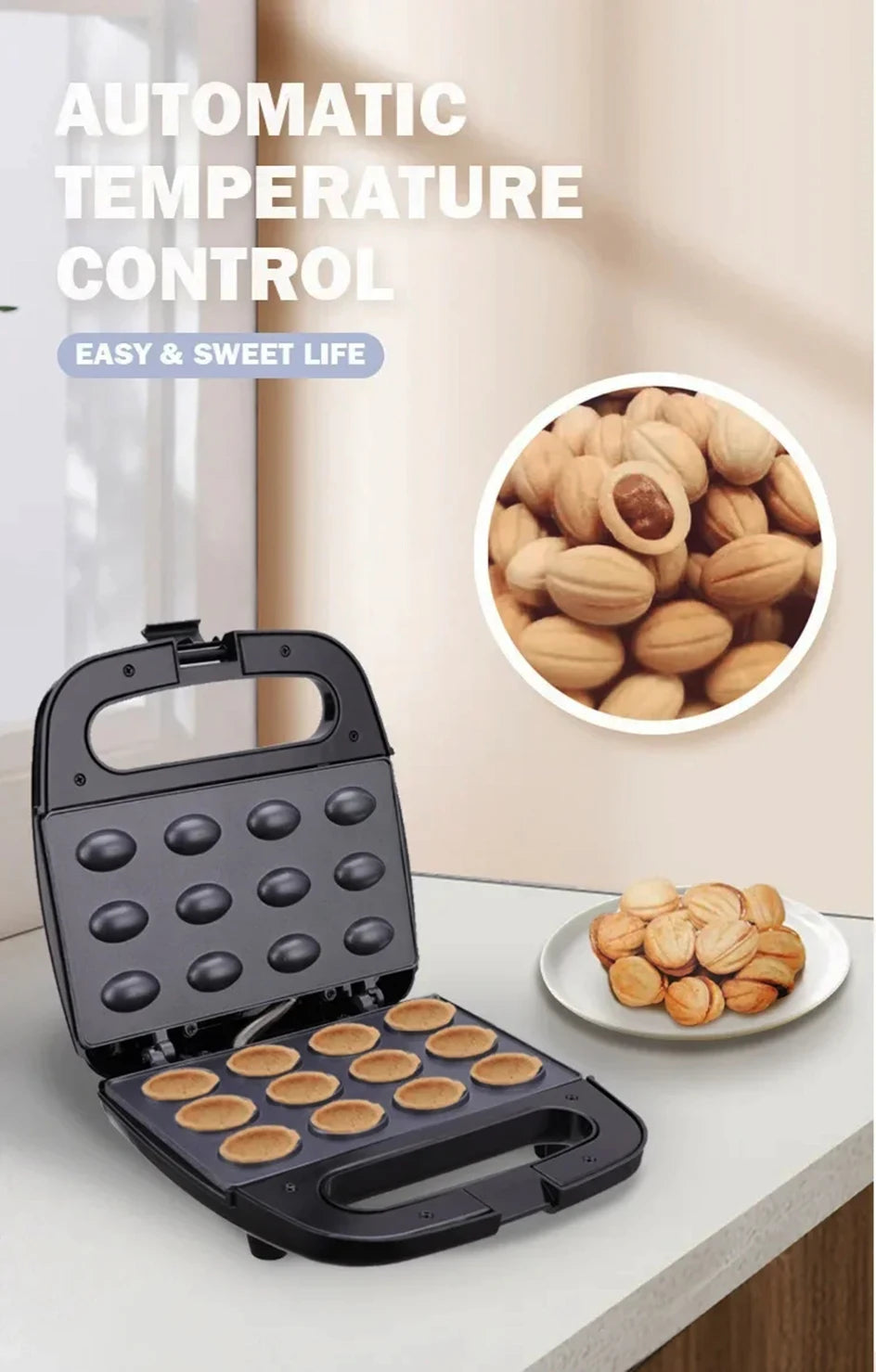 Electric Walnut Cookie Maker – 12-Hole Non-Stick Mold, Automatic Nut Cake & Waffle Breakfast Pan