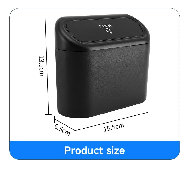 Black trash bin with dimensions labeled on a white background