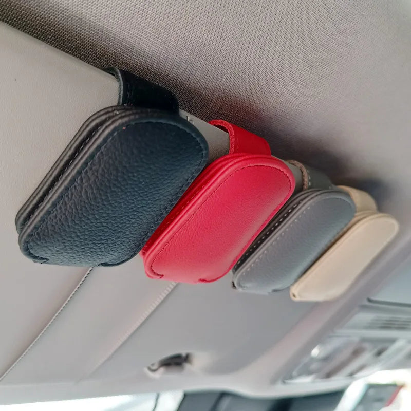 Black PU Leather Car Sunglasses Clip | Magnetic Sun Visor Storage Holder for Glasses & Cards