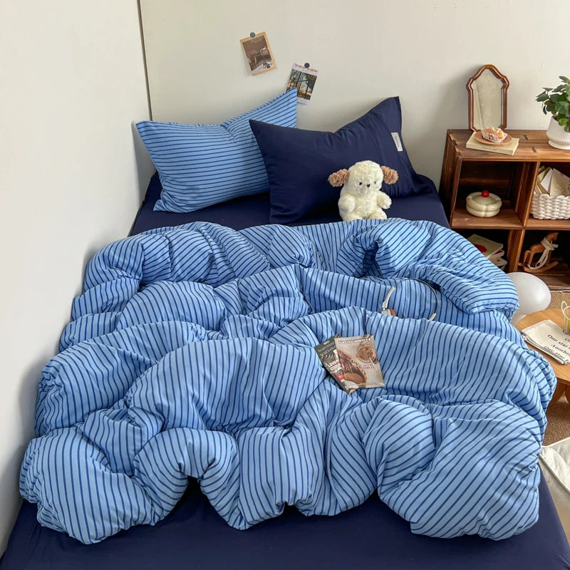 Stripe Print Washed Polyester Bedding Set – 3 or 4-Piece Duvet Cover with Sheet & Pillowcases, 6 Colors