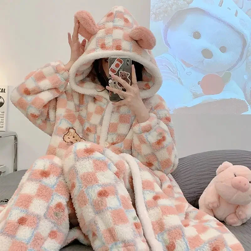 Women's Kawaii Coral Velvet Hooded Pajamas | Thickened Flannel Casual Homewear Suit