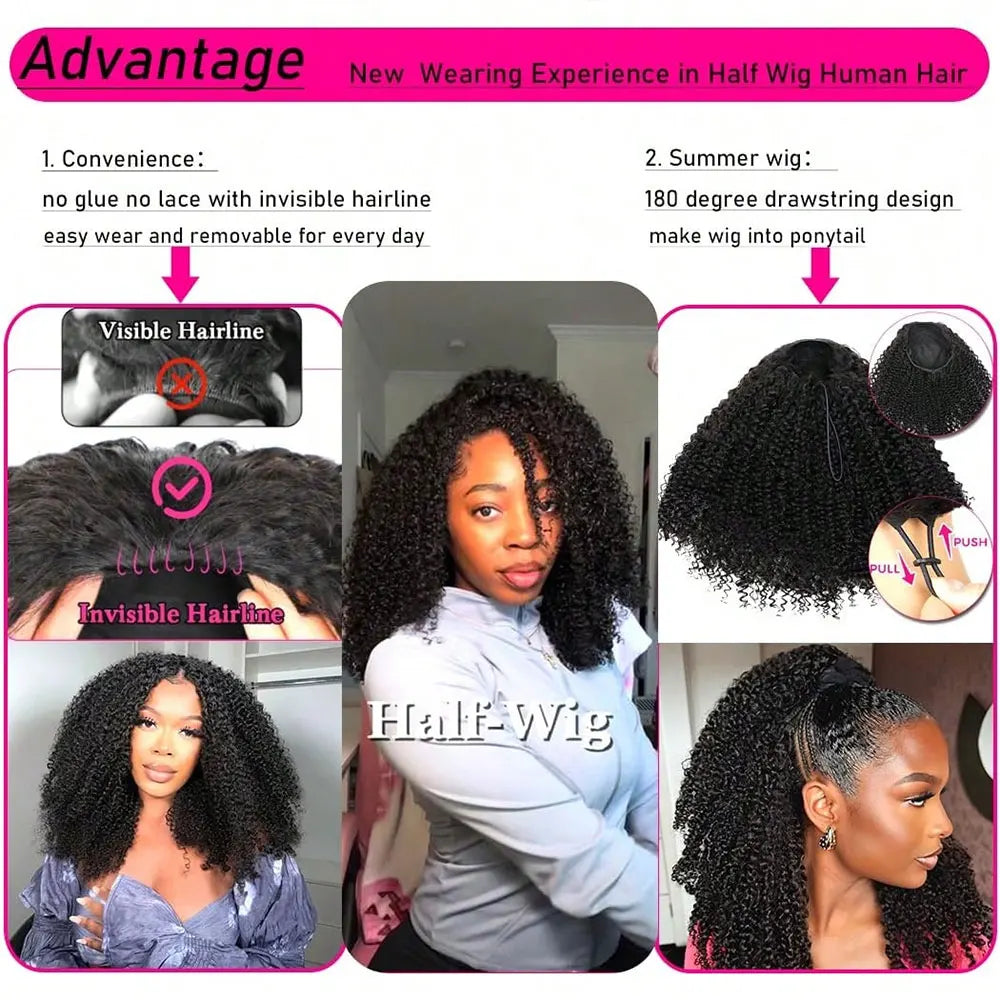 Jerry Curly 3-in-1 Half Wig | Seamless Kinky Curly Headband Clip-In Glueless Human Hair Natural Black