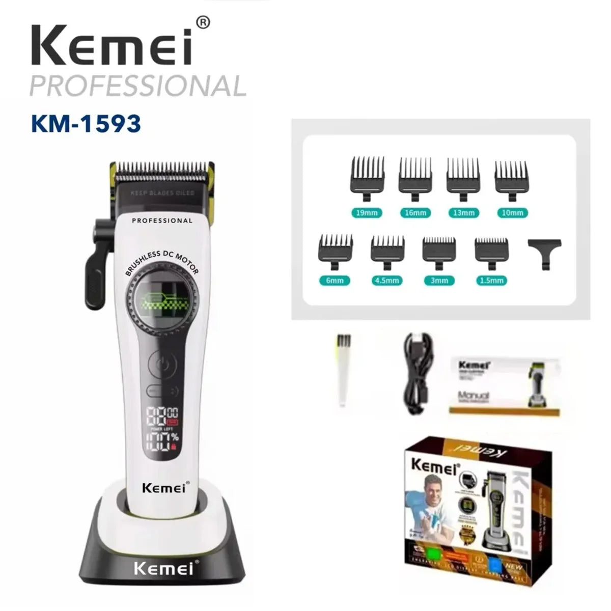 Kemei KM-1593 / KM-1595 Professional Brushless Clipper – 5-Speed, DLC Blade, 200-Min, USB-C
