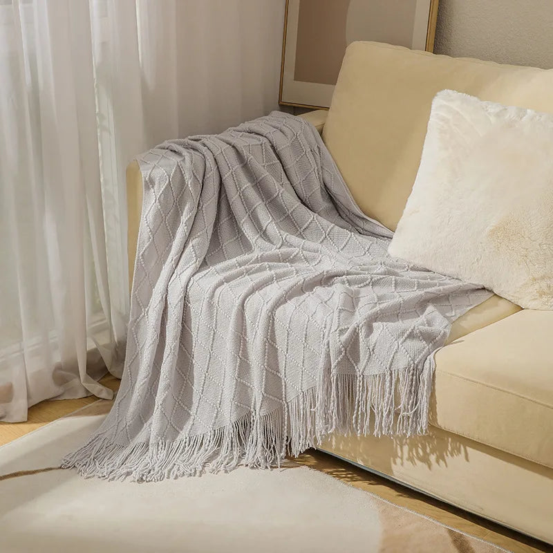 Knitted Acrylic Throw Blanket with Tassels – Chunky Farmhouse Style, 28 Colors & 2 Sizes