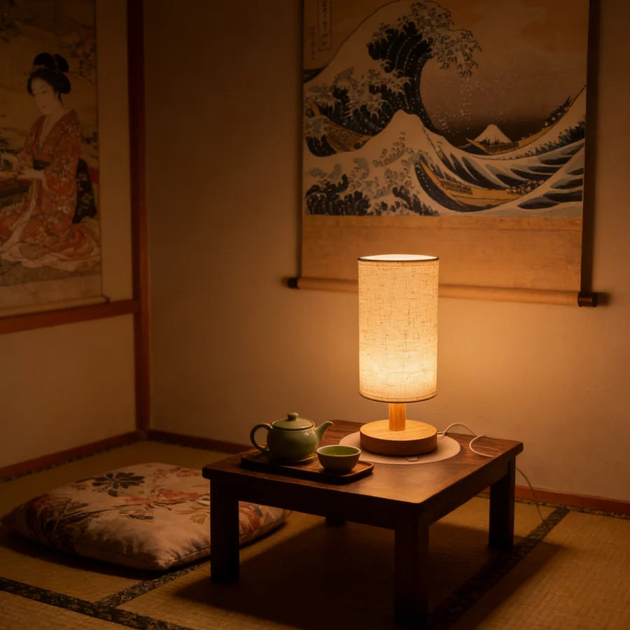 Wooden Bedside Lamp – USB Light with Linen Shade