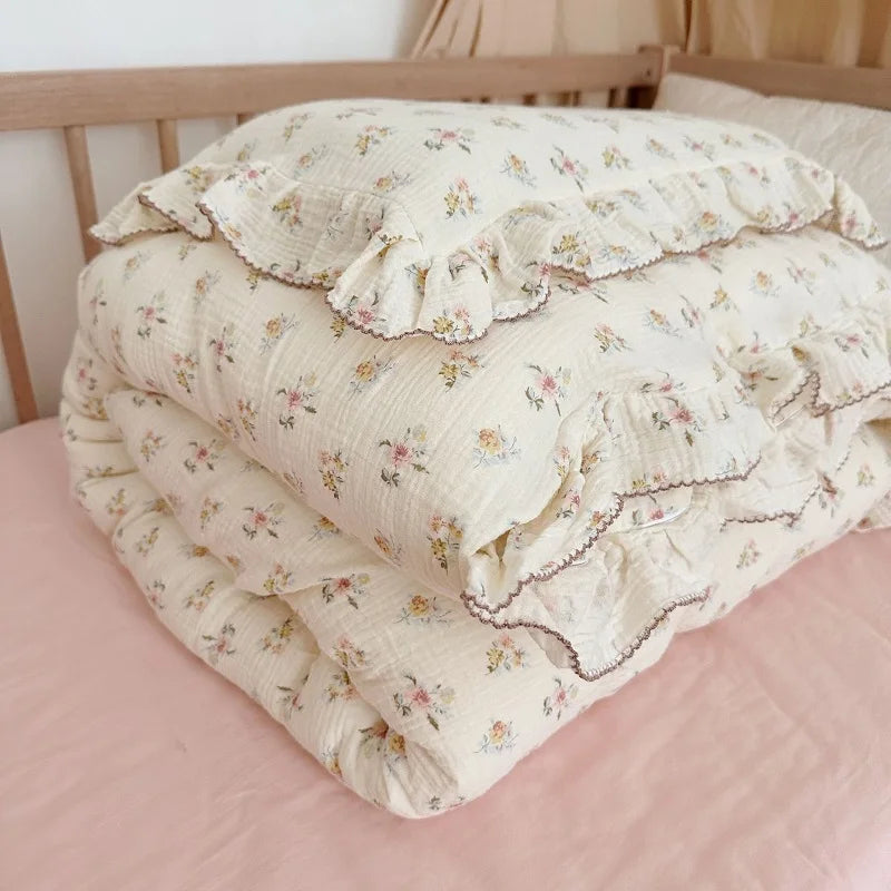 Princess Ruffle Bedding Set – 100% Cotton Gauze Duvet Cover with Pillowcases, Floral, 3-Piece