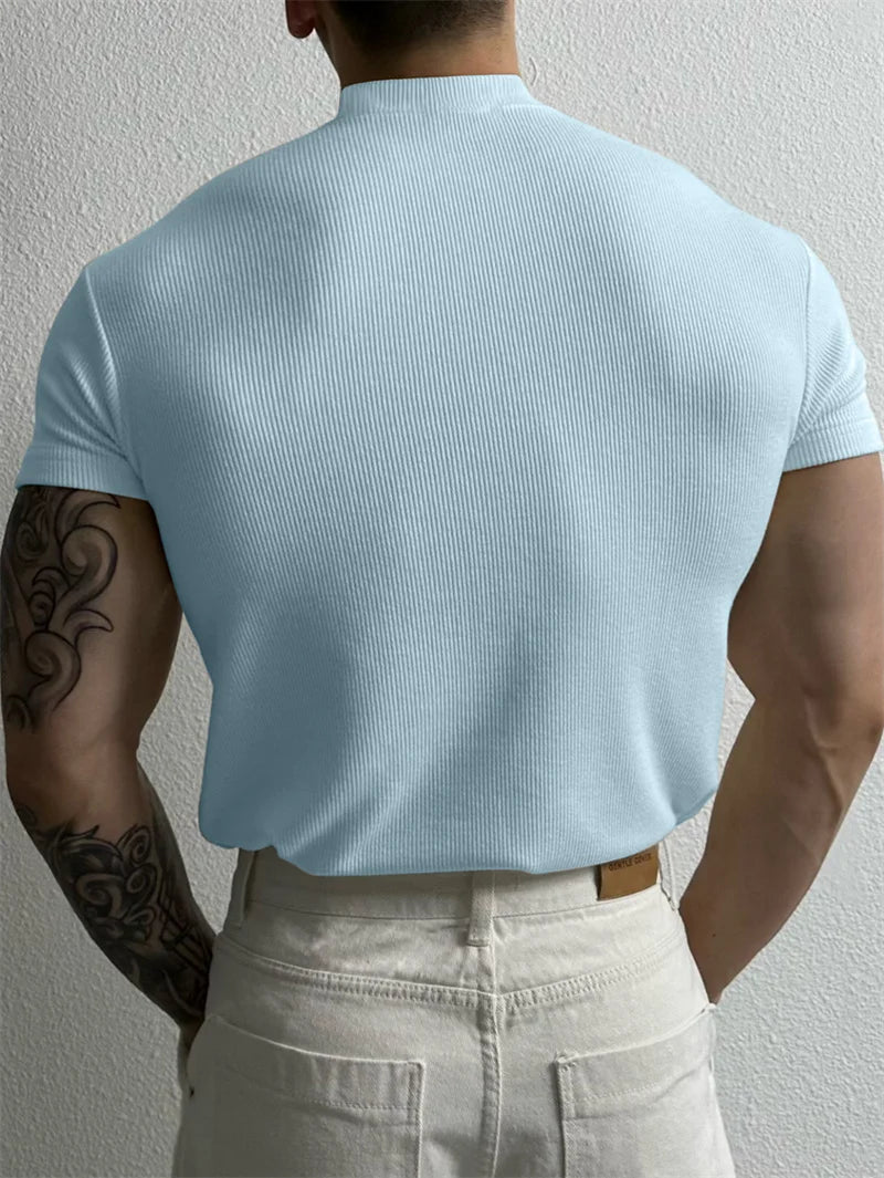 Men's Striped High Collar Short Sleeve Fitness Top — Athletic Training Shirt