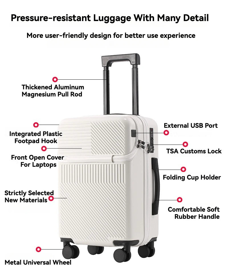 2024 Durable Large Capacity Luggage Set — Front Open with Built-In Charging Port, Carry-On Travel 20/22/24/26"