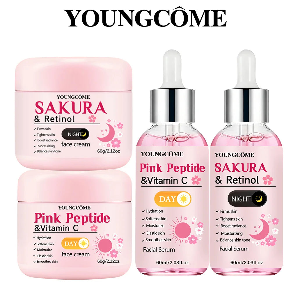 4-Piece Day & Night Skincare Set – Peptide Vitamin C Day Cream & Serum + Sakura Retinol Night Cream & Serum