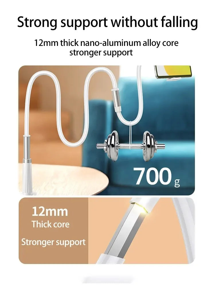 Hands-Free. Any Angle. Anywhere. — Flexible Gooseneck Long Arm Phone Holder Clamp Bracket | Bedside, Desktop, Overhead Live Streaming, White & Black