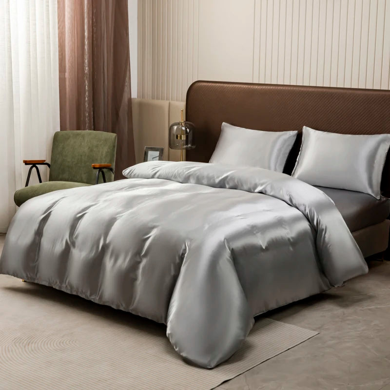Luxury Ice Silk Satin Bedding Set – Solid Color Duvet Cover with Pillowcases, Queen & King