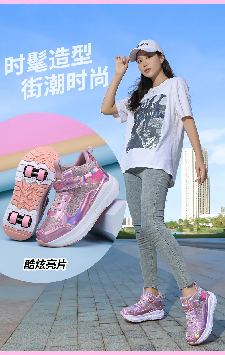 High-Top Children's Roller Skates for Girls – 4-Wheel Outdoor Wear-Resistant Sports Shoes