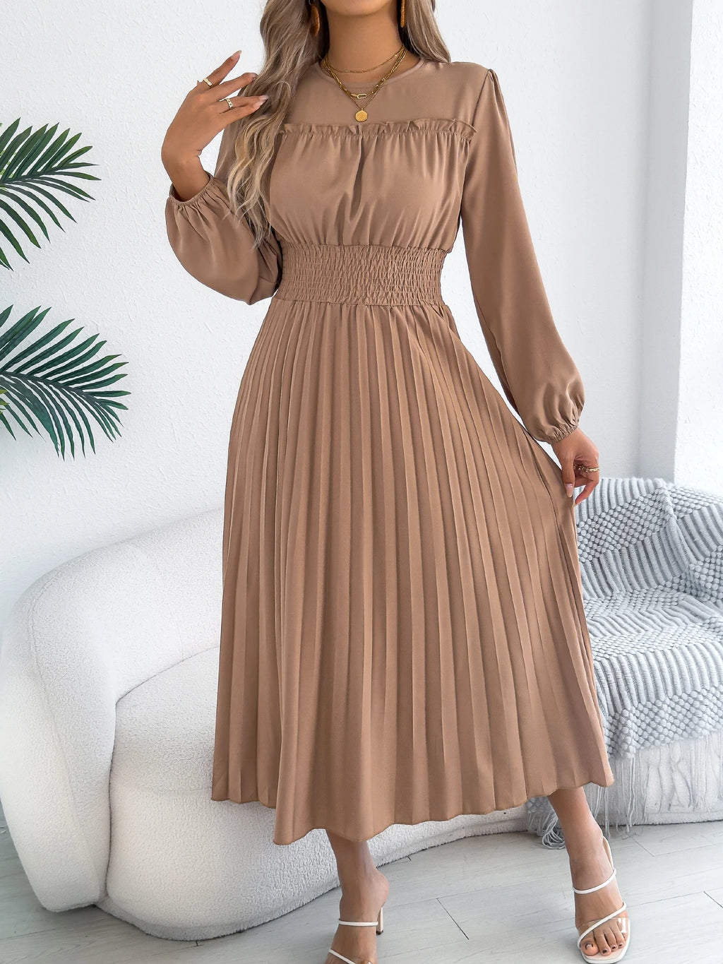 Elegant Dresses Women 2026 Autumn Winter Casual Solid Color High Waist Long Sleeve Maxi Dress Khaki Green Blue Woman Clothing
