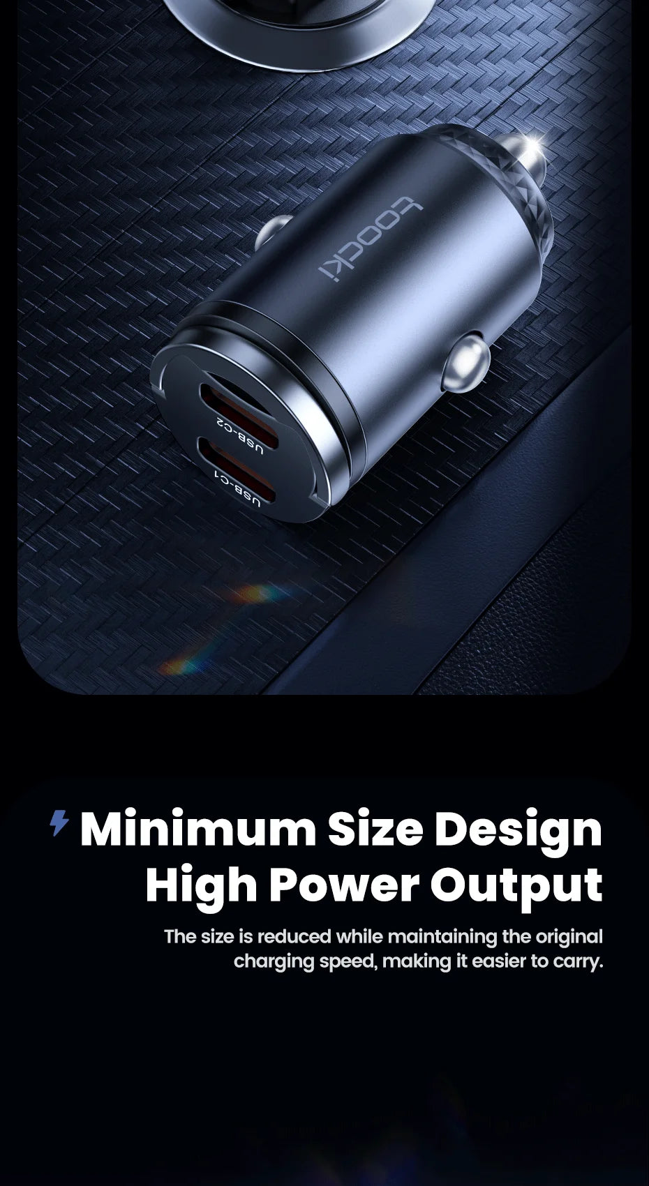 Toocki 45W Mini PD Car Charger — Fast Charging USB-C for iPhone & Samsung