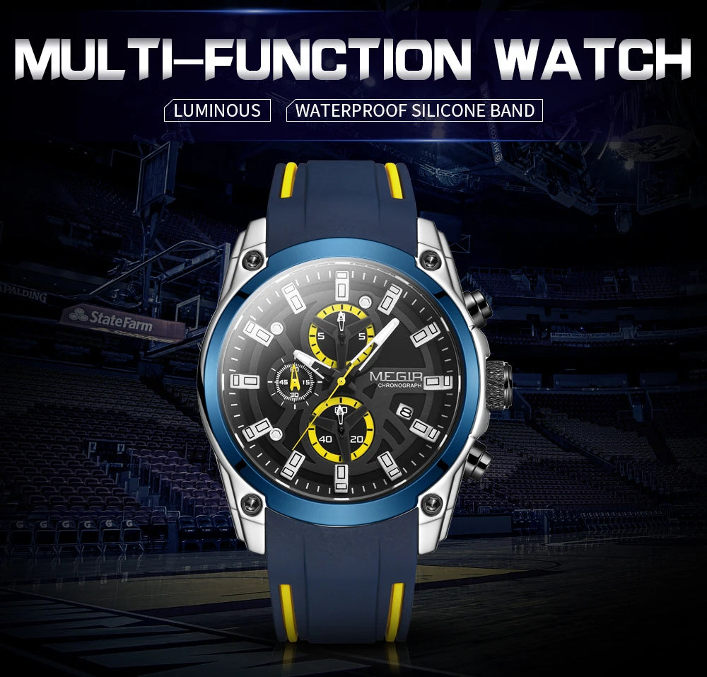 MEGIR Men's Military Sport Watch | Waterproof Luminous Blue Silicone Strap Luxury Wristwatch