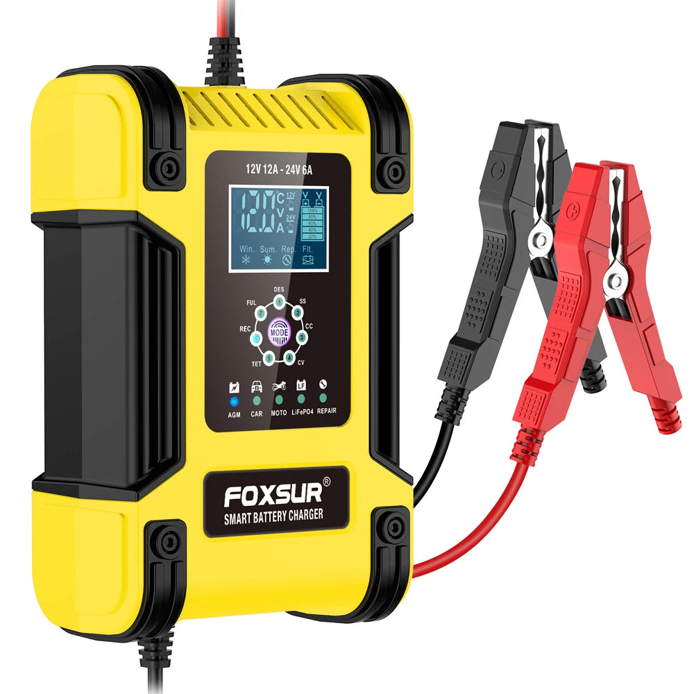 Foxsur Automatic Car Battery Charger 12V 12A – Digital Display Pulse Repair for Wet Dry Lead Acid Batteries