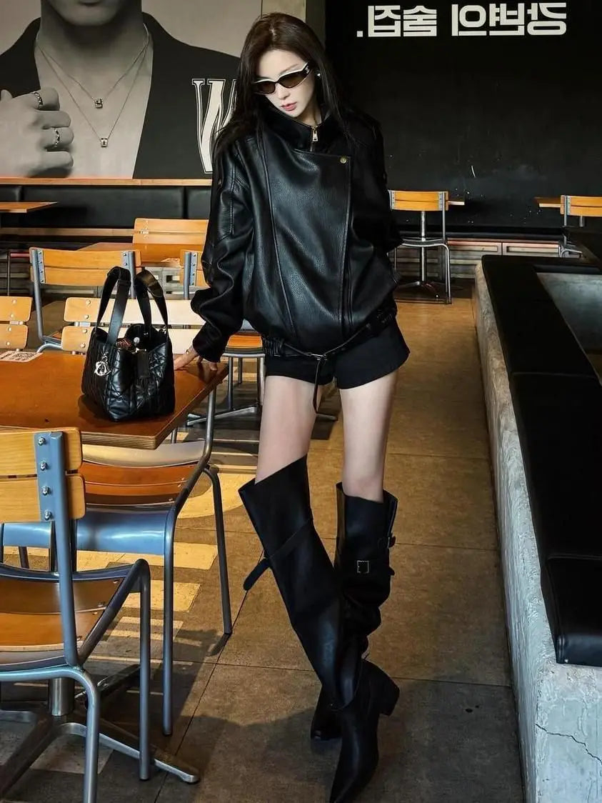 Women's Faux Leather Jacket – Loose Fit Zip Front