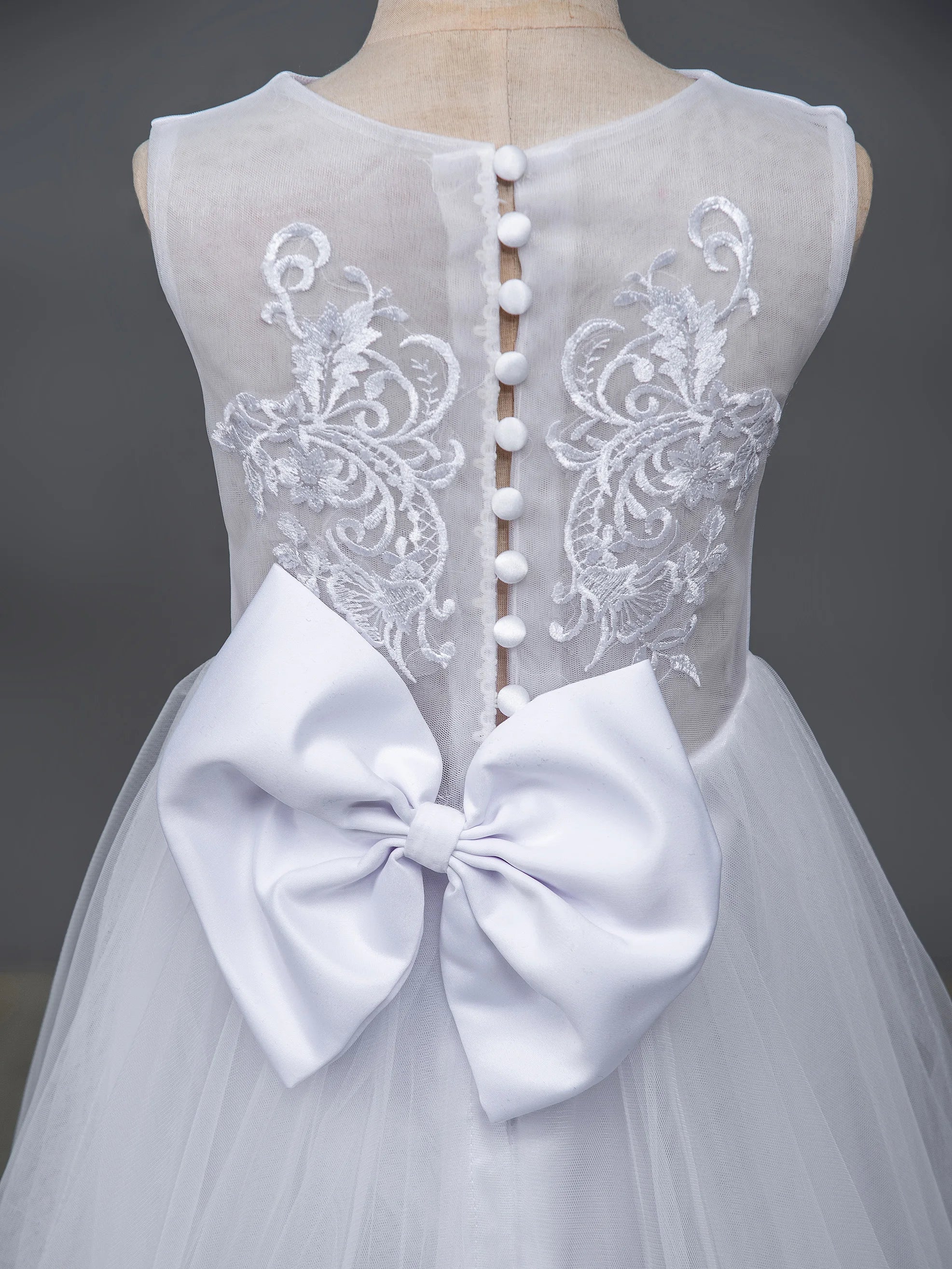 Long Sleeve Flower Girl Dress — White Lace Tulle First Communion & Bridesmaid Dress