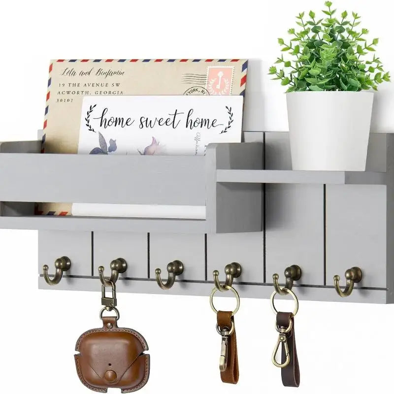 Wall-Mounted Wood Storage Rack with 7 Hooks — Mail, Keys, Glasses & Entryway Organizer