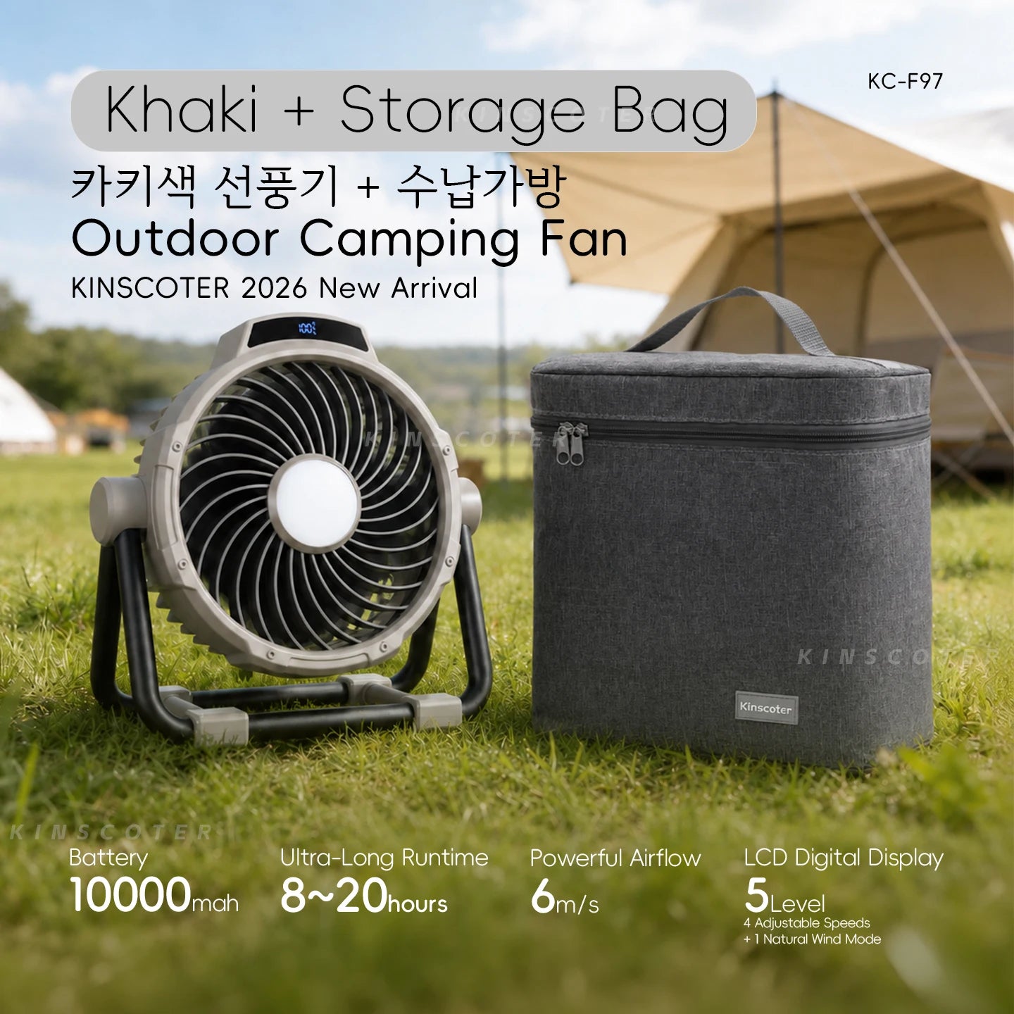 20000mAh 6-in-1 Outdoor Camping Fan – Rechargeable Wireless Tent Ceiling Fan with LED Light & Air Circulator