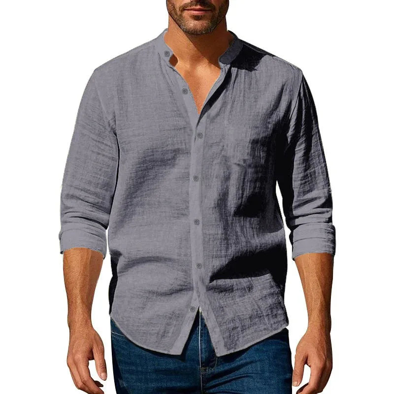 Men's Cotton Linen Henley Long Sleeve Shirt — Slim Fit Breathable Button-Up