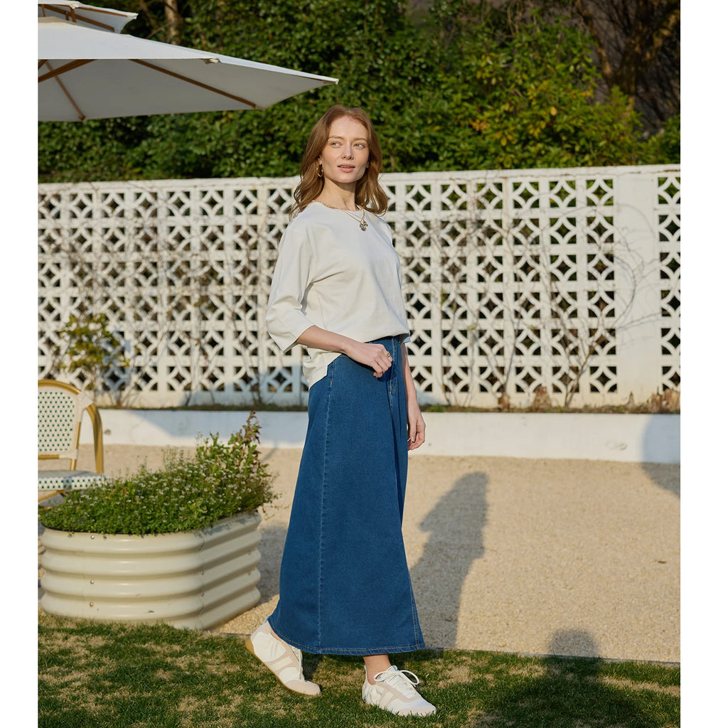 Women's Cotton Denim Skirt – Elegant Stripe & Solid A-Line Jean Skirt 2026