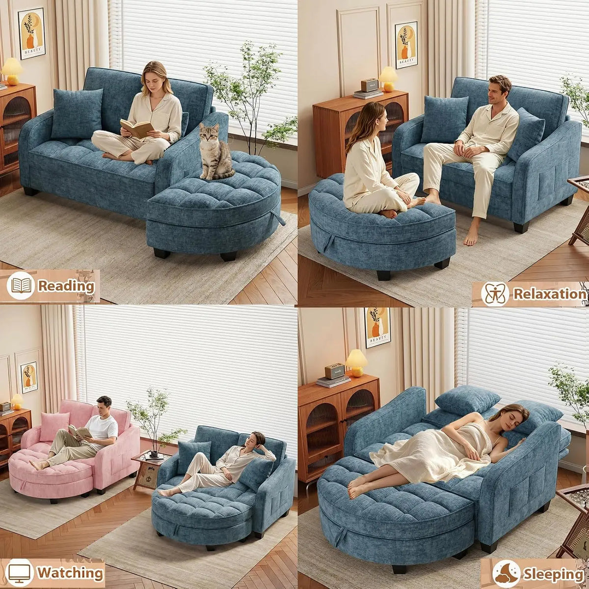 Chenille Reclining Chaise Lounge with Storage Ottoman