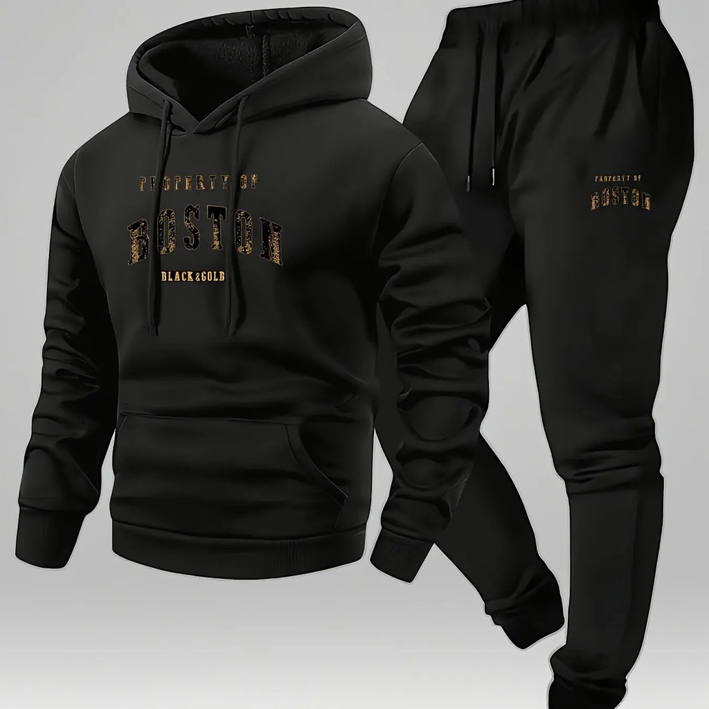 Men's Boston Print Hoodie & Velvet Sweatpants Set – Warm Autumn Winter Tracksuit