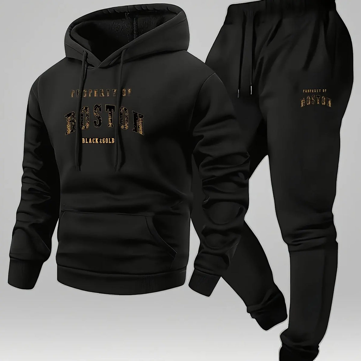Men's Boston Print Hoodie & Velvet Sweatpants Set – Warm Autumn Winter Tracksuit
