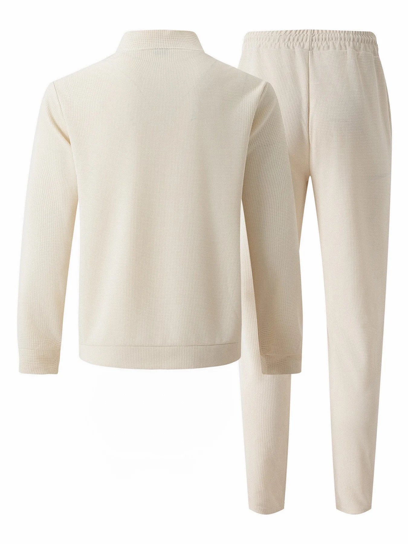 Men's Solid Color Waffle Knit Baseball Tracksuit – Stand Collar Zip Jacket & Drawstring Pants