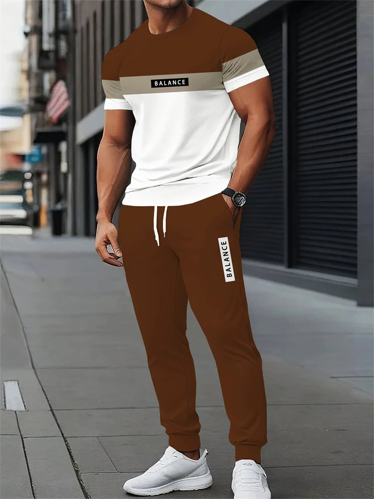 Men's Letter Print Round Neck Short Sleeve & Drawstring Long Pants Plus Size 2-Piece Outfit
