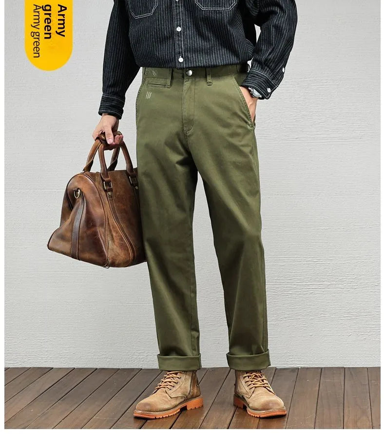 Men's Vintage Straight Leg Cotton Workwear Trousers — Loose Fit Retro Pants for Autumn & Winter