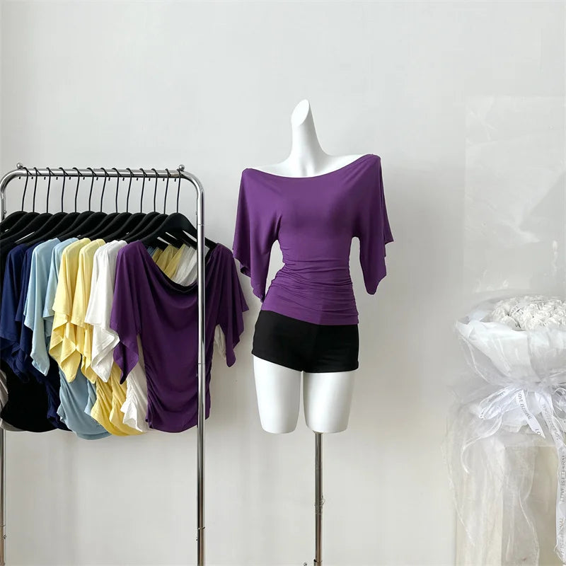 Women's Slash Neck Flare Sleeve Slim Pleated T-Shirt – Sexy Solid Color Pullover Top