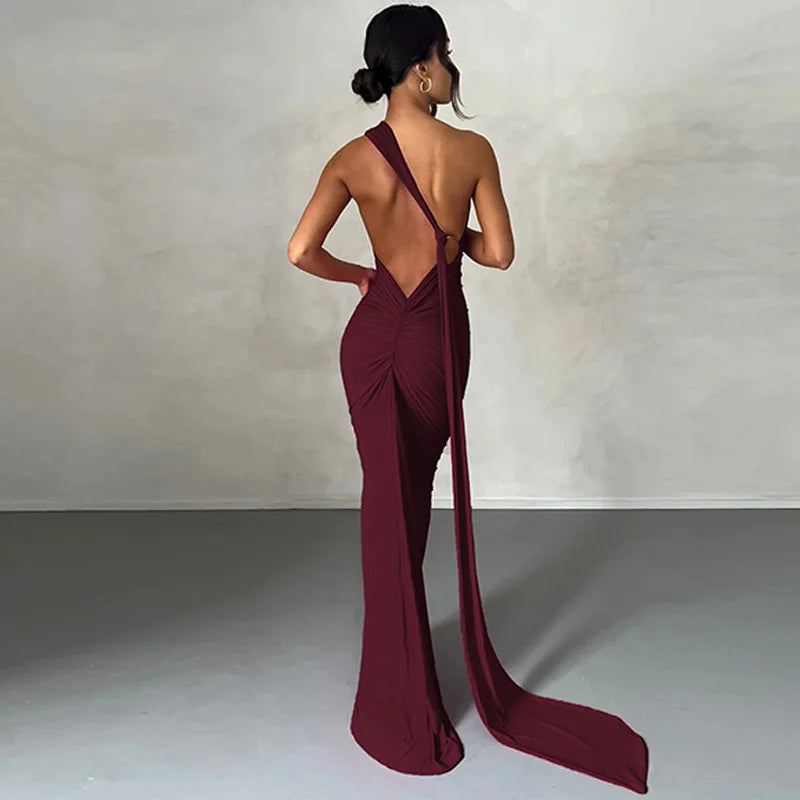 Backless Ruched Slim Bodycon Maxi Dress — Elegant Formal Wedding Guest Evening Dress