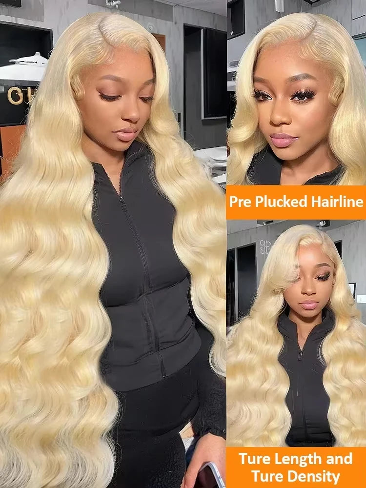 34 Inch 613 13x6 Lace Front Wig Human Hair Body Wave Blonde Lace Frontal Wigs for Women 200 Density Natural Hairline