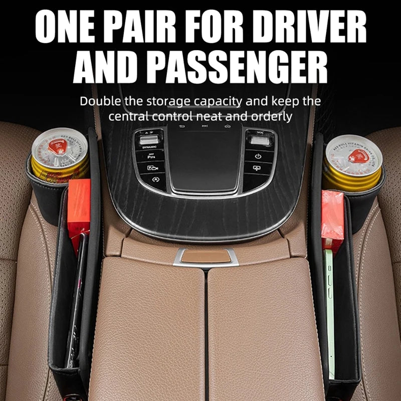 Car console organizer with cup holders and storage compartments on a car seat.