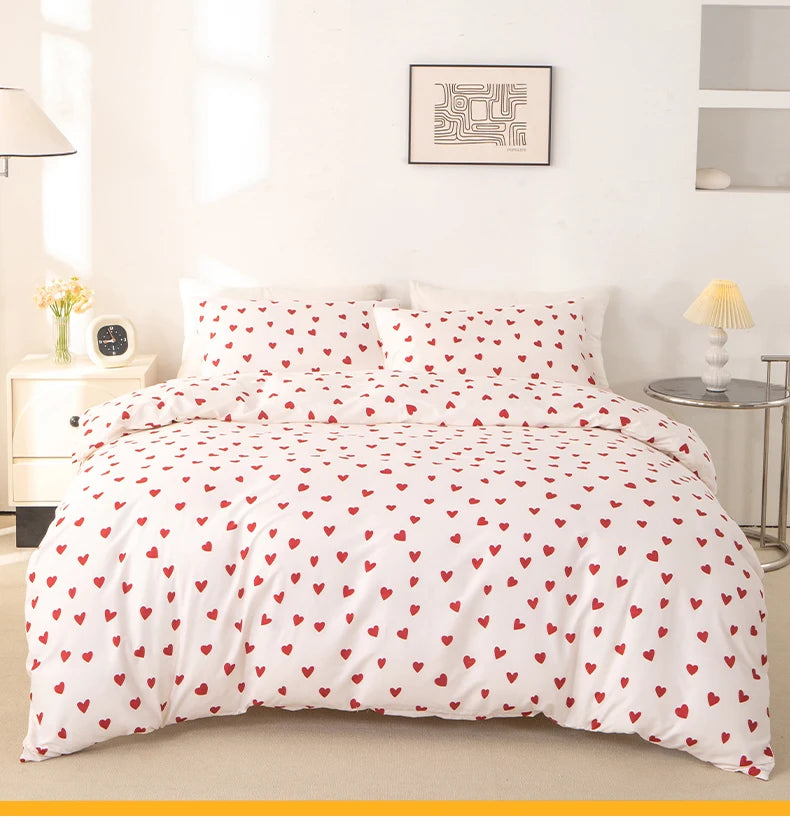 Red Heart Print Duvet Cover Set – 3-Piece Soft Skin-Friendly Bedding with Pillowcases, Twin to King