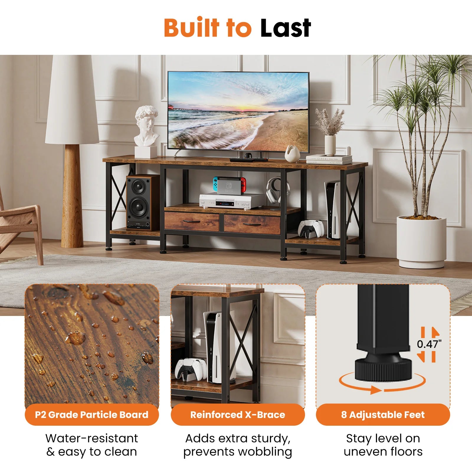Wooden TV Stand for 70"/75" TVs — Media Console with Charging Station, Drawers & Shelves