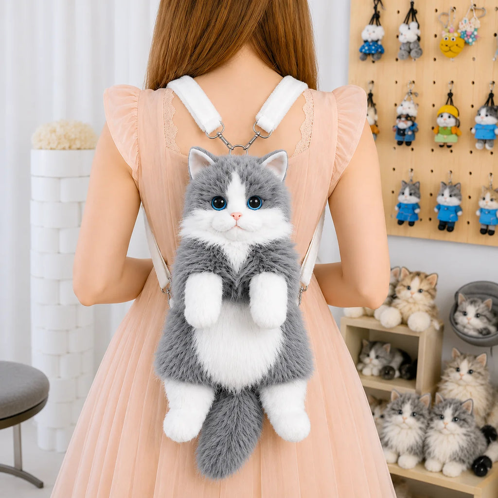 Cute Cat Backpack for Girls, Kawaii Plush Bag, Soft Animal Crossbody Bag for School, Travel & Daily Outfit