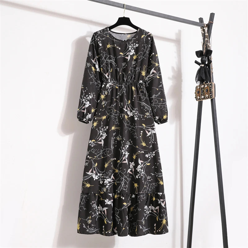 Women Long Dresses Spring Summer Casual Full Sleeve Floral geometry Printed O neck Woman Bohe Beach Party Dress Mujer Vestidos