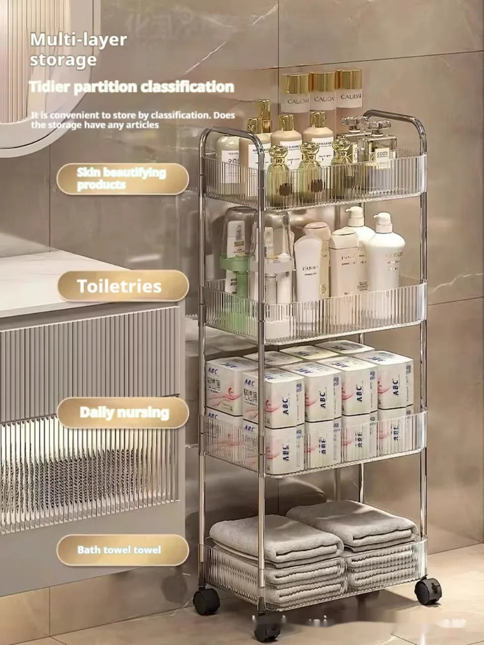 Acrylic Rolling Storage Cart — 2/3/4 Tier Organizer Trolley for Kitchen, Bathroom & Office