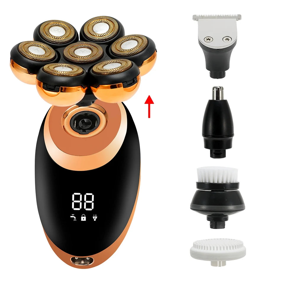 7D Floating Head Electric Shaver for Men – Wet/Dry Rotary Razor with LCD Display & Bald Head Trimmer