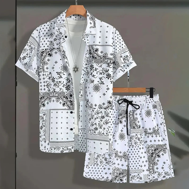 Men's Hawaiian Paisley Print Shirt & Drawstring Shorts Beach Party Set