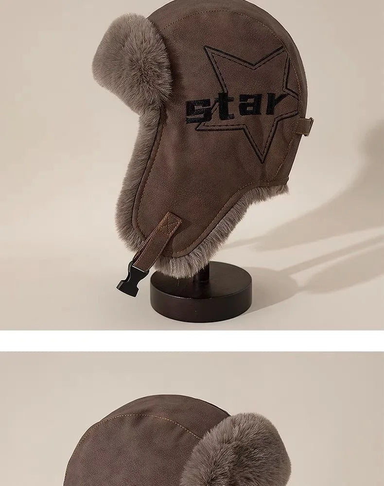 Faux Leather Trapper Hat with Plush Lining and Ear Flaps