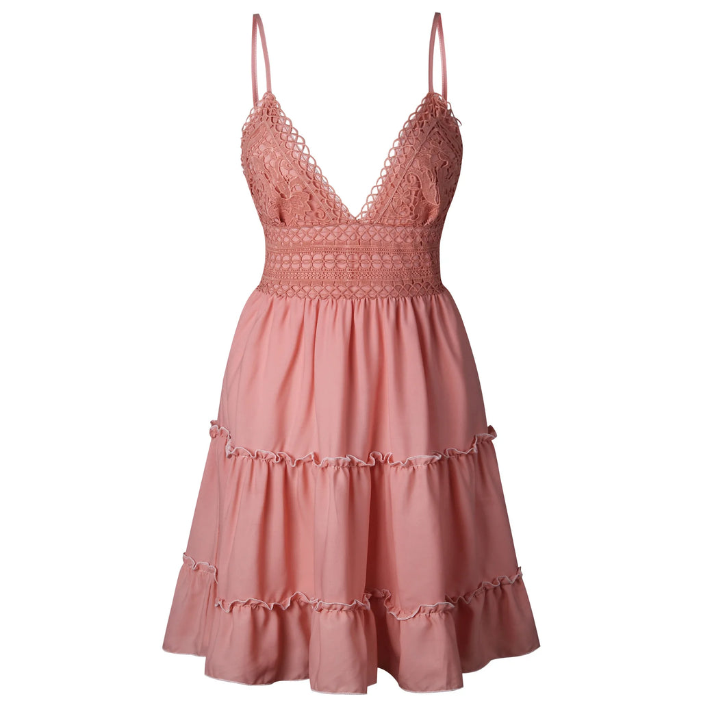Women's Lace Strap Solid Color Dress – Sexy Elegant Splicing Seaside Vacation Wear