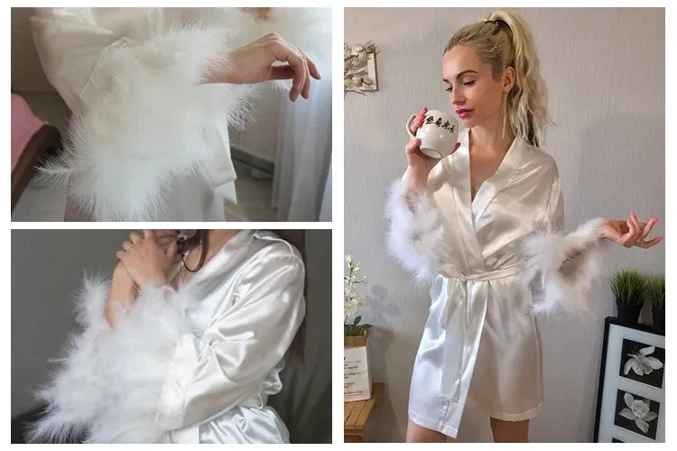 White Feather & Fur Trim Satin Robe | Bridal Nightgown Bathrobe for Women